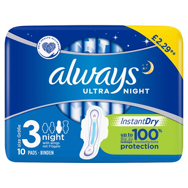 Always Ultra Night (Size 3) Sanitary Towels Wings 10 Pads