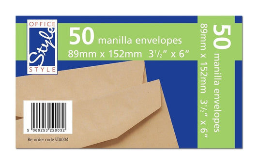 50 GUMMED MANILLA ENVELOPES 89MM X 152MM 80GSM STA004