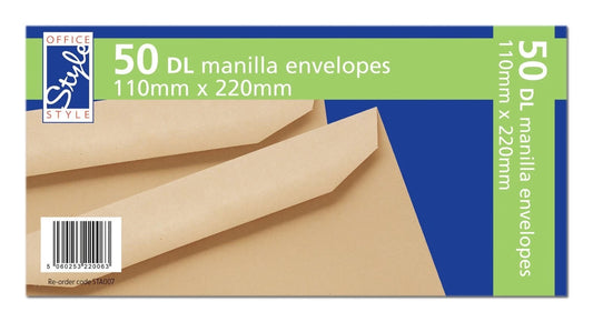 50 GUMMED DL MANILLA ENVELOPES 110MM X 220MM 80GSM STA007