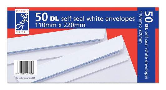 50 SELF SEAL DL WHITE ENVELOPES 110MM X 220MM 80GSM STA003