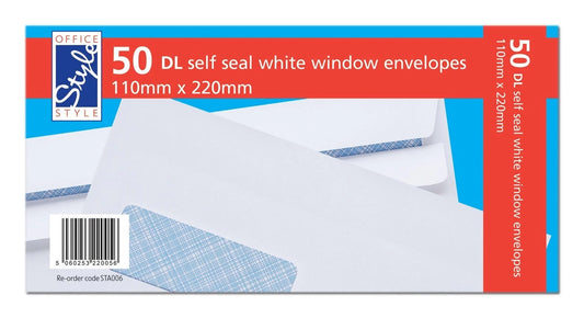 50 WHITE DL WINDOW ENVELOPES SELF SEAL 110MM X 220MM 80GSM STA006