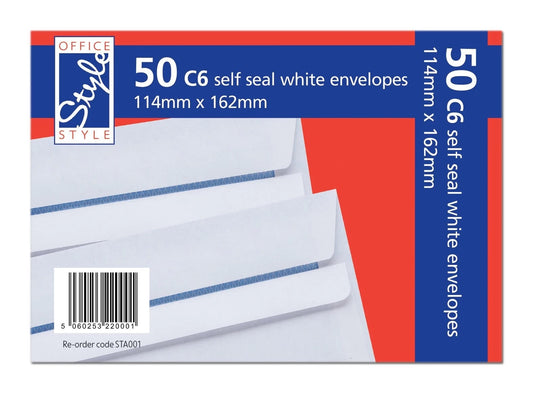 50 SELF SEAL C6 WHITE ENVELOPES 114MM X 162MM 80GSM STA001