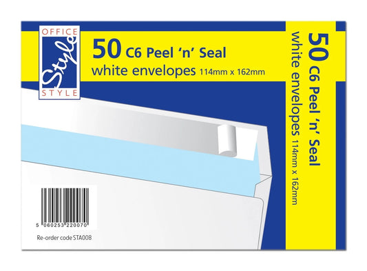 50 PEEL N SEAL C6 WHITE ENVELOPES 114MM X 162MM 80GSM STA008