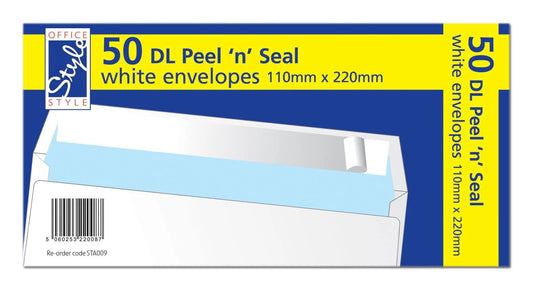 50 PEEL N SEAL DL WHITE ENVELOPES 110MM X 220MM 80GSM STA009